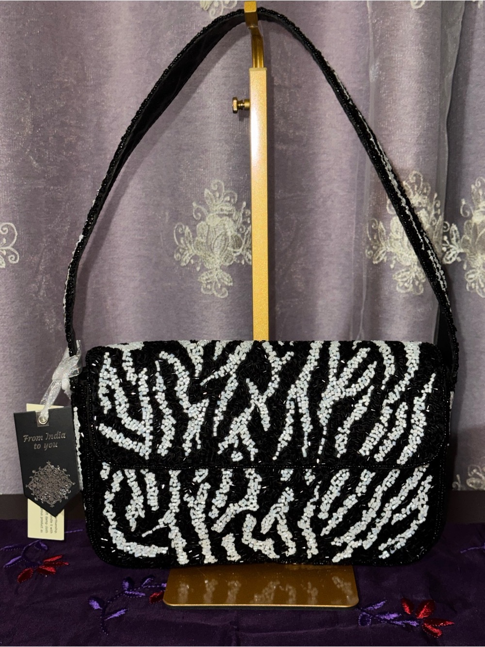 NWT From India To You Zebra Animal Print Beaded Flap Bag
